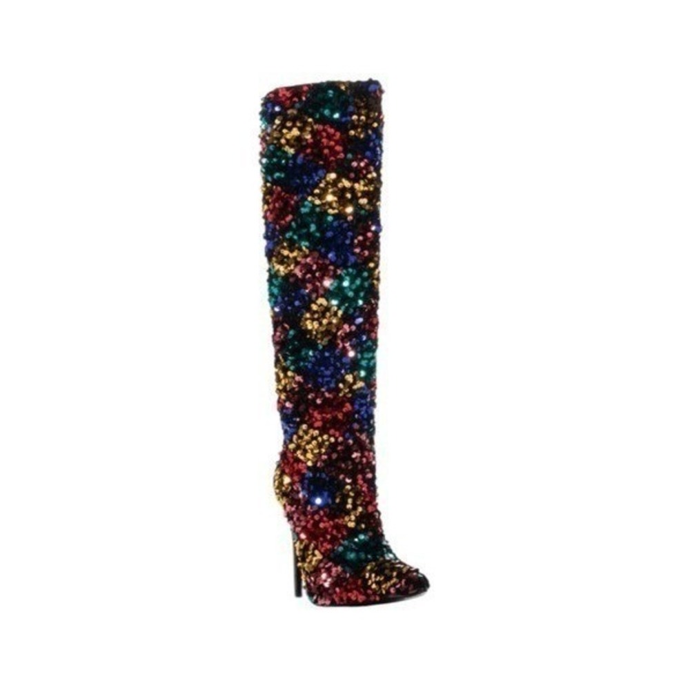 Azalea Wang Jimena Heeled Boots Rainbow Multi Sequin Embellished Stiletto 7.5 - Picture 5 of 8